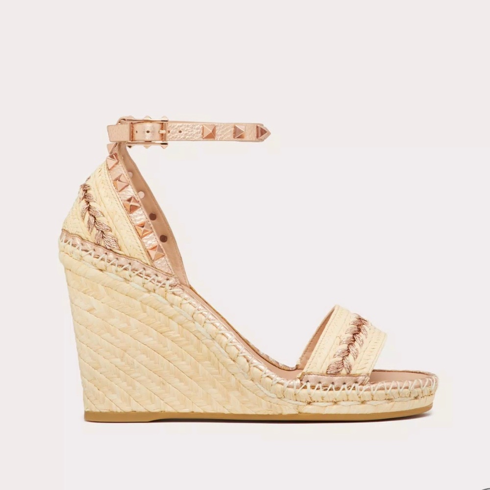 Valentino wedge sandal with lurex thread leather straps, studs, & ankle strap